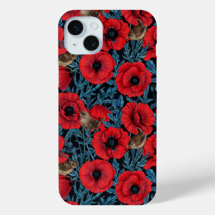 Rote Mohnblüten, blaue Blätter auf schwarz Case-Mate iPhone Hülle