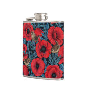 Rote Mohnblüten, blaue Blätter auf schwarz Flachmann (Links)