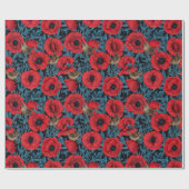 Rote Mohnblüten, blaue Blätter auf schwarz Geschenkpapier (Flach)