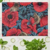 Rote Mohnblüten, blaue Blätter auf schwarz Geschirrtuch (Gefaltet)