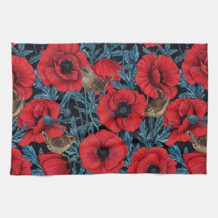 Rote Mohnblüten, blaue Blätter auf schwarz Geschirrtuch