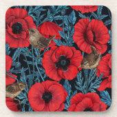 Rote Mohnblüten, blaue Blätter auf schwarz Getränkeuntersetzer (Vorderseite)
