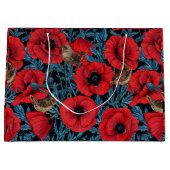 Rote Mohnblüten, blaue Blätter auf schwarz Große Geschenktüte (Vorderseite)