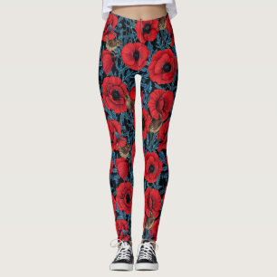 Rote Mohnblüten, blaue Blätter auf schwarz Leggings