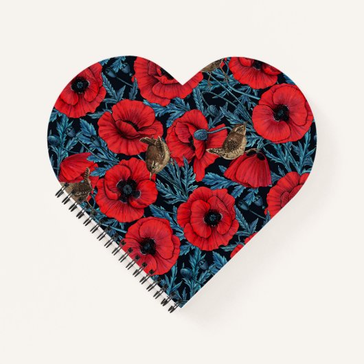 Rote Mohnblüten, blaue Blätter auf schwarz Notizblock (Vorderseite)