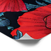 Rote Mohnblüten, blaue Blätter auf schwarz Poster (Ecke)
