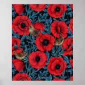 Rote Mohnblüten, blaue Blätter auf schwarz Poster (Vorne)