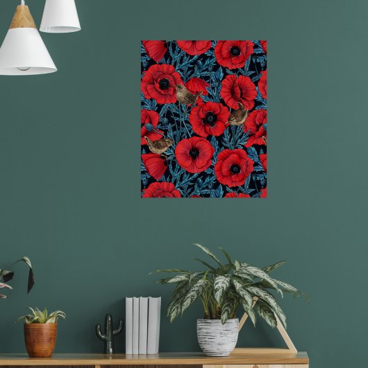 Rote Mohnblüten, blaue Blätter auf schwarz Poster (Wohnzimmer 1)