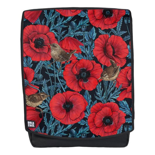 Rote Mohnblüten, blaue Blätter auf schwarz Rucksack (Vorderseite)