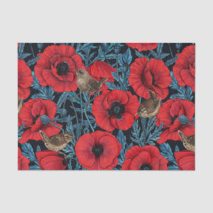 Rote Mohnblüten, blaue Blätter auf schwarz Seidenpapier