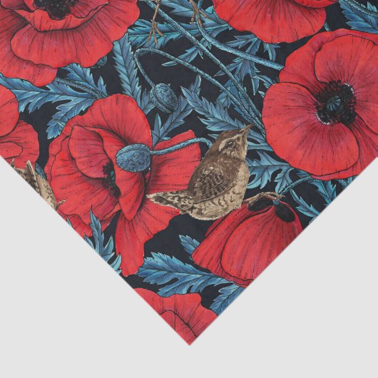 Rote Mohnblüten, blaue Blätter auf schwarz Seidenpapier (Ausschnitt)