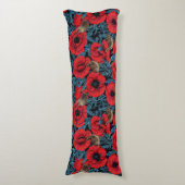 Rote Mohnblüten, blaue Blätter auf schwarz Seitenschläferkissen (Vorderseite Vertikal)