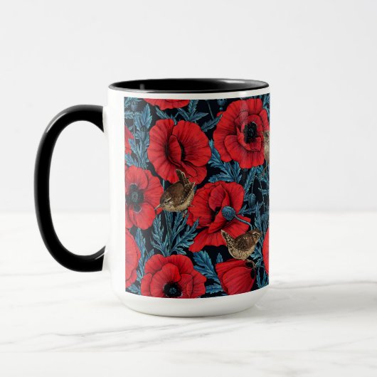 Rote Mohnblüten, blaue Blätter auf schwarz Tasse (Links)