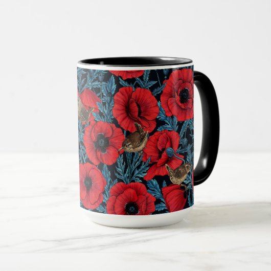 Rote Mohnblüten, blaue Blätter auf schwarz Tasse (VorderseiteRechts)