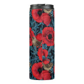 Rote Mohnblüten, blaue Blätter auf schwarz Thermosbecher (Rückseite)