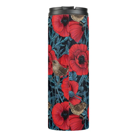 Rote Mohnblüten, blaue Blätter auf schwarz Thermosbecher (Rückseite)