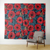 Rote Mohnblüten, blaue Blätter auf schwarz Wandteppich (Beispiel (Horizontal))
