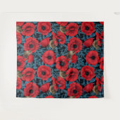 Rote Mohnblüten, blaue Blätter auf schwarz Wandteppich (Vorderseite (Horizontal))