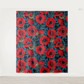 Rote Mohnblüten, blaue Blätter auf schwarz Wandteppich (Vorderseite)