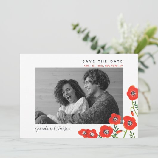 Rote Mohnblüten Moderne Hochzeit speichern das Dat Save The Date (Stehend Vorderseite)