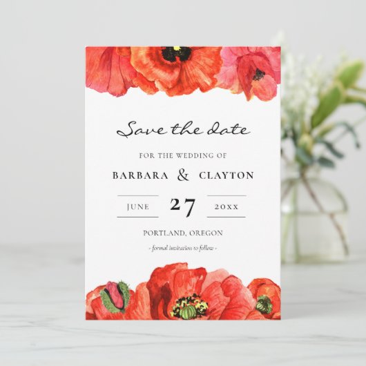 Rote Mohnblüten Save the Date Einladung (Stehend Vorderseite)