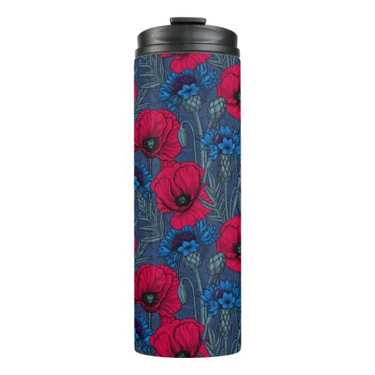 Rote Mohnblüten und blaue Maisblumen auf blauer Hi Thermosbecher (Vorderseite)