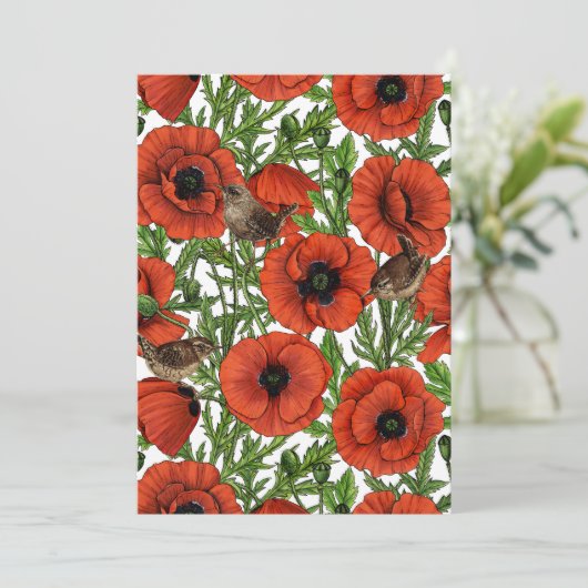 Rote Mohnblüten und Garne, grüne Blätter auf Weiß (Stehend Vorderseite)