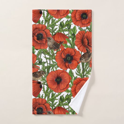 Rote Mohnblüten und Garne, grüne Blätter auf Weiß Badhandtuch Set (Handtuch)