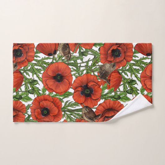 Rote Mohnblüten und Garne, grüne Blätter auf Weiß Badhandtuch Set (Handtuch)
