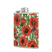 Rote Mohnblüten und Garne, grüne Blätter auf Weiß Flachmann (Links)