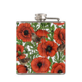 Rote Mohnblüten und Garne, grüne Blätter auf Weiß Flachmann (Rückseite)