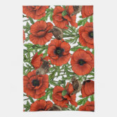 Rote Mohnblüten und Garne, grüne Blätter auf Weiß Geschirrtuch (Vertikal)