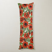 Rote Mohnblüten und Garne, grüne Blätter auf Weiß Seitenschläferkissen (Rückseite (Vertikal))