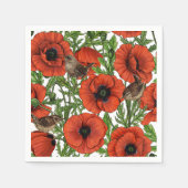 Rote Mohnblüten und Garne, grüne Blätter auf Weiß Serviette (Vorderseite)