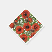 Rote Mohnblüten und Garne, grüne Blätter auf Weiß Serviette (Ecke)