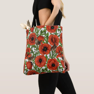 Rote Mohnblüten und Garne, grüne Blätter auf Weiß Tasche
