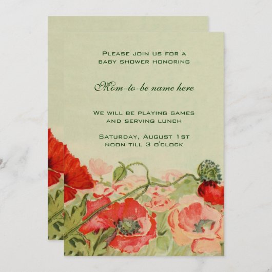 Rote Mohnblütendusche Blume Floral Meadow Baby Einladung (Vorne/Hinten)