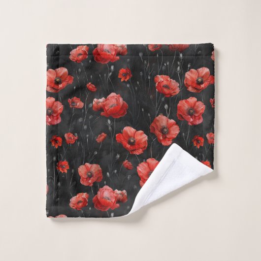 Rote Mohnchen auf schwarz Badhandtuch Set (Waschlappen)