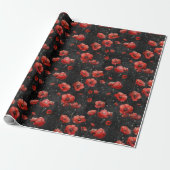 Rote Mohnchen auf schwarz Geschenkpapier (Ungerollt)