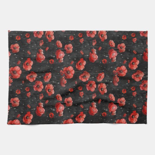 Rote Mohnchen auf schwarz Geschirrtuch (Horizontal)