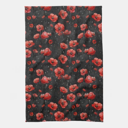 Rote Mohnchen auf schwarz Geschirrtuch (Vertikal)