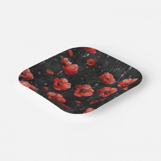 Rote Mohnchen auf schwarz Pappteller (Gewinkelt)