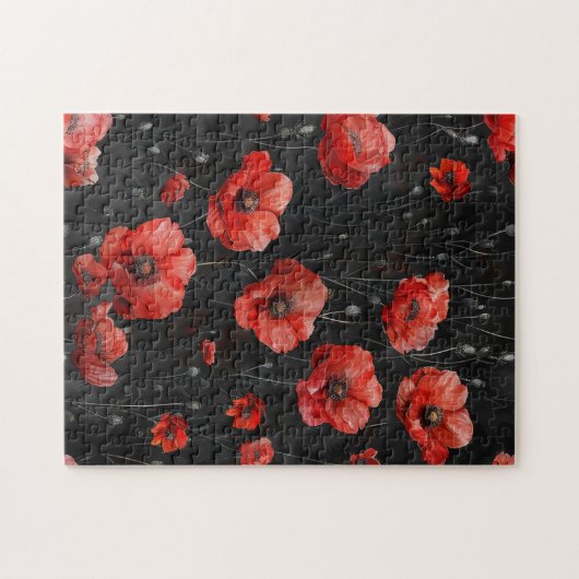 Rote Mohnchen auf schwarz Puzzle (Horizontal)