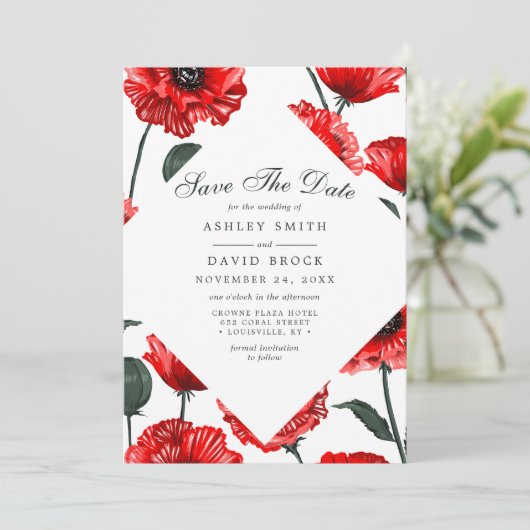 Rote Mohnkarte Blume Save the Date mit Blumenmuste (Stehend Vorderseite)