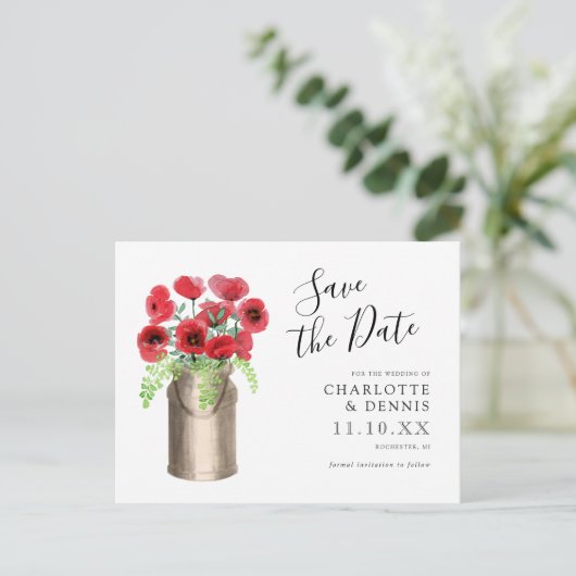 Rote Mohnmilch Save the Date Postkarte (Stehend Vorderseite)