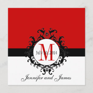 Rote Monogramm-Damast-Hochzeits-Einladungen Einladung