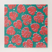 Rote Monstera: grünes tropisches Muster Puzzle (Horizontal)