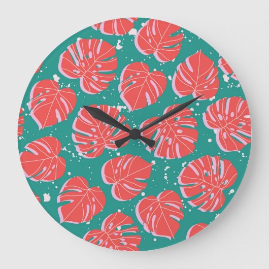 Rote Monstera: tropisches Muster Große Wanduhr (Vorderseite)