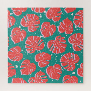 Rote Monstera: tropisches Muster Puzzle