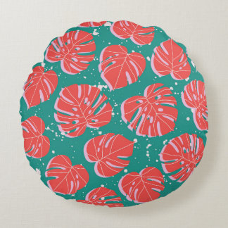 Rote Monstera: tropisches Muster Rundes Kissen
